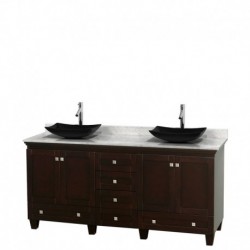 72 inch Double Bathroom Vanity in Espresso, White Carrera Marble Countertop, Arista Black Granite Sinks, and No Mirrors