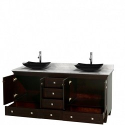 72 inch Double Bathroom Vanity in Espresso, White Carrera Marble Countertop, Arista Black Granite Sinks, and No Mirrors