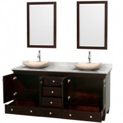 72 inch Double Bathroom Vanity in Espresso, White Carrera Marble Countertop, Arista Ivory Marble Sinks, and 24 inch Mirrors