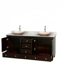72 inch Double Bathroom Vanity in Espresso, White Carrera Marble Countertop, Arista Ivory Marble Sinks, and No Mirrors