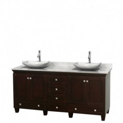 72 inch Double Bathroom Vanity in Espresso, White Carrera Marble Countertop, Arista White Carrera Marble Sinks, and No Mirrors