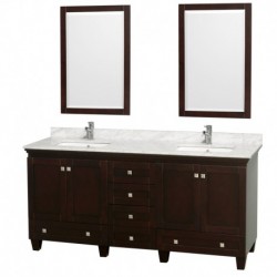 72 inch Double Bathroom Vanity in Espresso, White Carrera Marble Countertop, Undermount Square Sinks, and 24 inch Mirrors
