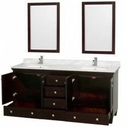 72 inch Double Bathroom Vanity in Espresso, White Carrera Marble Countertop, Undermount Square Sinks, and 24 inch Mirrors