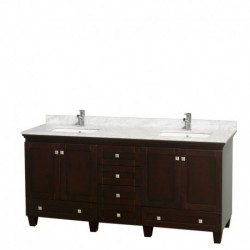 72 inch Double Bathroom Vanity in Espresso, White Carrera Marble Countertop, Undermount Square Sinks, and No Mirrors