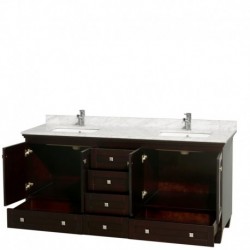 72 inch Double Bathroom Vanity in Espresso, White Carrera Marble Countertop, Undermount Square Sinks, and No Mirrors