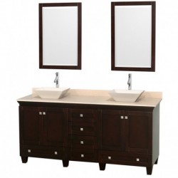 72 inch Double Bathroom Vanity in Espresso, Ivory Marble Countertop, Pyra Bone Sinks, and 24 inch Mirrors