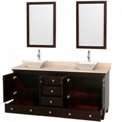 72 inch Double Bathroom Vanity in Espresso, Ivory Marble Countertop, Pyra Bone Sinks, and 24 inch Mirrors