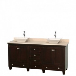 72 inch Double Bathroom Vanity in Espresso, Ivory Marble Countertop, Pyra Bone Sinks, and No Mirrors