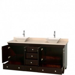 72 inch Double Bathroom Vanity in Espresso, Ivory Marble Countertop, Pyra Bone Sinks, and No Mirrors