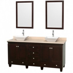 72 inch Double Bathroom Vanity in Espresso, Ivory Marble Countertop, Pyra White Sinks, and 24 inch Mirrors