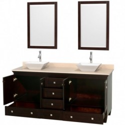 72 inch Double Bathroom Vanity in Espresso, Ivory Marble Countertop, Pyra White Sinks, and 24 inch Mirrors