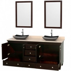 72 inch Double Bathroom Vanity in Espresso, Ivory Marble Countertop, Altair Black Granite Sinks, and 24 inch Mirrors