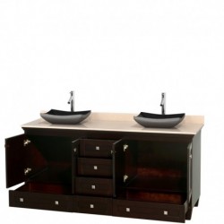 72 inch Double Bathroom Vanity in Espresso, Ivory Marble Countertop, Altair Black Granite Sinks, and No Mirrors