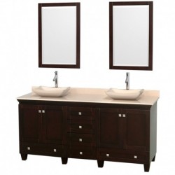 72 inch Double Bathroom Vanity in Espresso, Ivory Marble Countertop, Avalon Ivory Marble Sinks, and 24 inch Mirrors