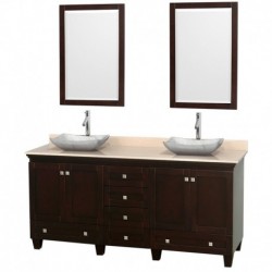 72 inch Double Bathroom Vanity in Espresso, Ivory Marble Countertop, Avalon White Carrera Marble Sinks, and 24 inch Mirrors