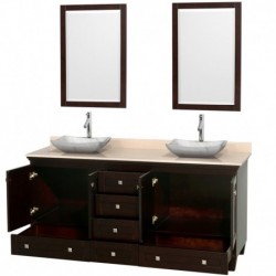 72 inch Double Bathroom Vanity in Espresso, Ivory Marble Countertop, Avalon White Carrera Marble Sinks, and 24 inch Mirrors