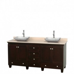 72 inch Double Bathroom Vanity in Espresso, Ivory Marble Countertop, Avalon White Carrera Marble Sinks, and No Mirrors