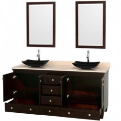 72 inch Double Bathroom Vanity in Espresso, Ivory Marble Countertop, Arista Black Granite Sinks, and 24 inch Mirrors