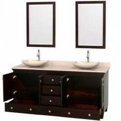 72 inch Double Bathroom Vanity in Espresso, Ivory Marble Countertop, Arista Ivory Marble Sinks, and 24 inch Mirrors