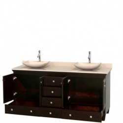 72 inch Double Bathroom Vanity in Espresso, Ivory Marble Countertop, Arista Ivory Marble Sinks, and No Mirrors