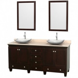 72 inch Double Bathroom Vanity in Espresso, Ivory Marble Countertop, Arista White Carrera Marble Sinks, and 24 inch Mirrors
