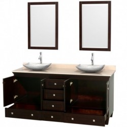 72 inch Double Bathroom Vanity in Espresso, Ivory Marble Countertop, Arista White Carrera Marble Sinks, and 24 inch Mirrors