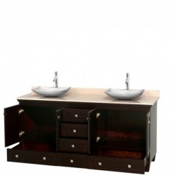 72 inch Double Bathroom Vanity in Espresso, Ivory Marble Countertop, Arista White Carrera Marble Sinks, and No Mirrors
