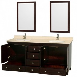 72 inch Double Bathroom Vanity in Espresso, Ivory Marble Countertop, Undermount Square Sinks, and 24 inch Mirrors