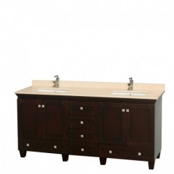 72 inch Double Bathroom Vanity in Espresso, Ivory Marble Countertop, Undermount Square Sinks, and No Mirrors