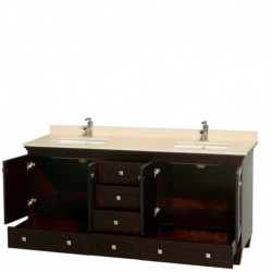 72 inch Double Bathroom Vanity in Espresso, Ivory Marble Countertop, Undermount Square Sinks, and No Mirrors