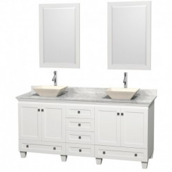 72 inch Double Bathroom Vanity in White, White Carrera Marble Countertop, Pyra Bone Sinks, and 24 inch Mirrors