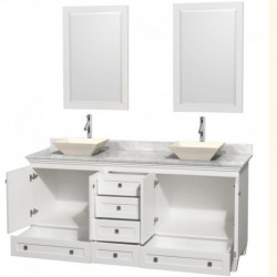 72 inch Double Bathroom Vanity in White, White Carrera Marble Countertop, Pyra Bone Sinks, and 24 inch Mirrors