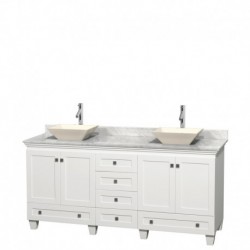 72 inch Double Bathroom Vanity in White, White Carrera Marble Countertop, Pyra Bone Sinks, and No Mirrors