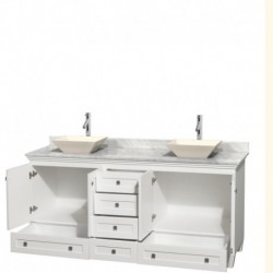 72 inch Double Bathroom Vanity in White, White Carrera Marble Countertop, Pyra Bone Sinks, and No Mirrors