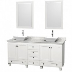 72 inch Double Bathroom Vanity in White, White Carrera Marble Countertop, Pyra White Sinks, and 24 inch Mirrors