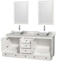 72 inch Double Bathroom Vanity in White, White Carrera Marble Countertop, Pyra White Sinks, and 24 inch Mirrors