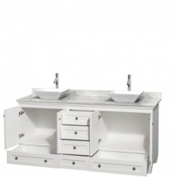 72 inch Double Bathroom Vanity in White, White Carrera Marble Countertop, Pyra White Sinks, and No Mirrors