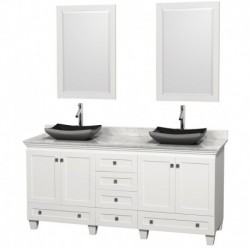 72 inch Double Bathroom Vanity in White, White Carrera Marble Countertop, Altair Black Granite Sinks, and 24 inch Mirrors