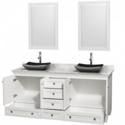 72 inch Double Bathroom Vanity in White, White Carrera Marble Countertop, Altair Black Granite Sinks, and 24 inch Mirrors
