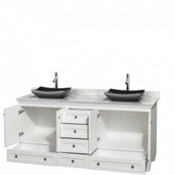 72 inch Double Bathroom Vanity in White, White Carrera Marble Countertop, Altair Black Granite Sinks, and No Mirrors