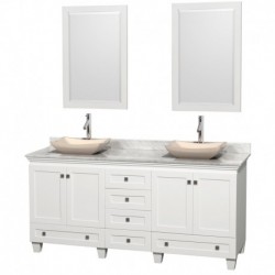 72 inch Double Bathroom Vanity in White, White Carrera Marble Countertop, Avalon Ivory Marble Sinks, and 24 inch Mirrors