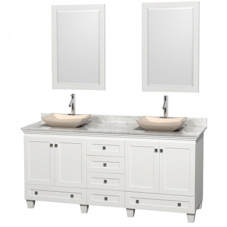 72 inch Double Bathroom Vanity in White, White Carrera Marble Countertop, Avalon Ivory Marble Sinks, and 24 inch Mirrors