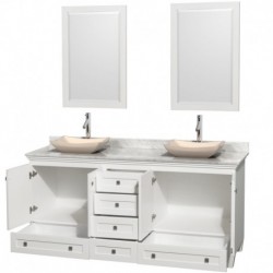 72 inch Double Bathroom Vanity in White, White Carrera Marble Countertop, Avalon Ivory Marble Sinks, and 24 inch Mirrors