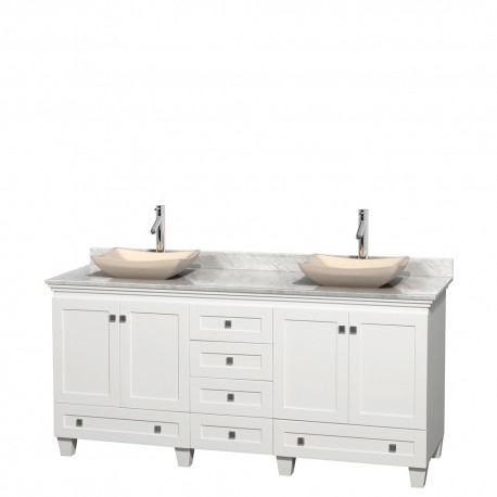 72 inch Double Bathroom Vanity in White, White Carrera Marble Countertop, Avalon Ivory Marble Sinks, and No Mirrors