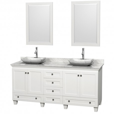 72 inch Double Bathroom Vanity in White, White Carrera Marble Countertop, Avalon White Carrera Marble Sinks, and 24 inch Mirror