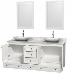 72 inch Double Bathroom Vanity in White, White Carrera Marble Countertop, Avalon White Carrera Marble Sinks, and 24 inch Mirror