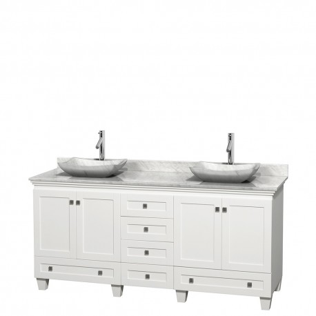 72 inch Double Bathroom Vanity in White, White Carrera Marble Countertop, Avalon White Carrera Marble Sinks, and No Mirrors