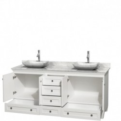 72 inch Double Bathroom Vanity in White, White Carrera Marble Countertop, Avalon White Carrera Marble Sinks, and No Mirrors