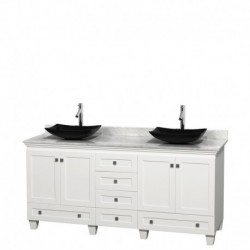 72 inch Double Bathroom Vanity in White, White Carrera Marble Countertop, Arista Black Granite Sinks, and No Mirrors