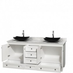 72 inch Double Bathroom Vanity in White, White Carrera Marble Countertop, Arista Black Granite Sinks, and No Mirrors